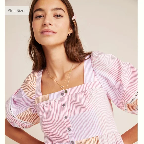 Anthropologie Gable Tiered Square Neck Puff Sleeve Pink Tunic Top Size S… - Picture 2 of 10